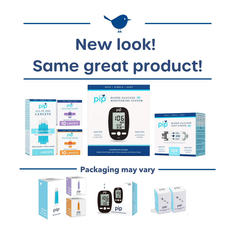 [Australia] - Pip Blood Glucose Monitor Kit - Preloaded Lancets, No Lancing Device Needed - Virtually Painless Fingersticks - Meter, 100 Test Strips, 100 Single-Use Safety Lancets, Travel Case, Control Solution 100ct Kit 