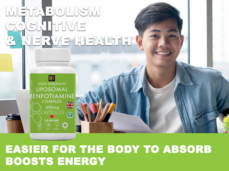 Benfotiamine and Thiamine B1 | High Strength 600mg | 1-A-Day, 4 Month Supply | 120 Vegan Capsules | Fat Soluble for Heart & Kidney | Eye & Nerve Repair, Liposomal Max Absorbtion Formula, All Natural