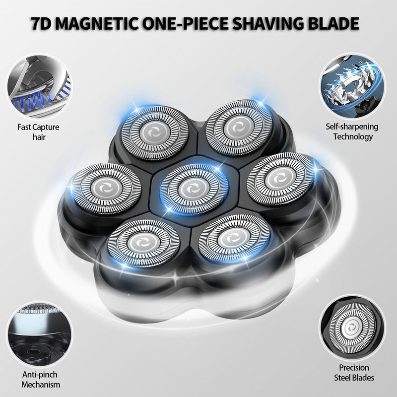 Magnetic Head Shaver Replacement Heads 7 Double Ring Waterproof Rotary Razor Blades for Bald Men Compatible with Freebird wyklaus shpavver(Black) Black1