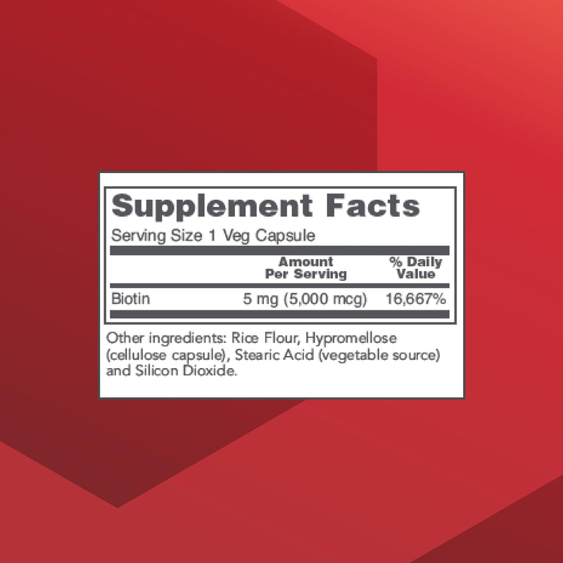 PROTOCOL FOR LIFE BALANCE Biotin 5,000 mcg, Hair, Skin & Nails, 90 Veg Caps | Vitamin B7 Supplement, Hair, Skin, Nails Support*, for Carb Metabolism* and Cell Growth* and Biotin Vitamin B Capsules