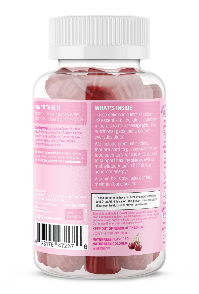 SUKU Teen Girl Multivitamin Gummies – Vitamins A, B12, C, D3, E, Biotin & Zinc – Sugar-Free Vegetarian Supplement for Skin, Energy, Immune & Bone Health – Cherry Flavor – 60 Count 60 Count (Pack of 1)