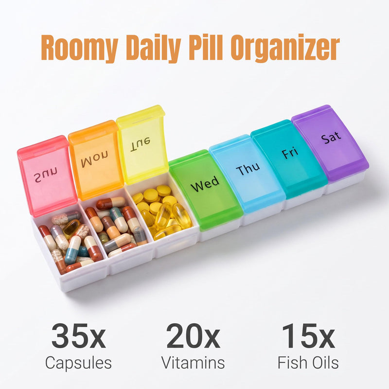 Weekly Pill Organizer Large, 7 Day Pills Box Case Travel | Medicine Pill Organizers, for Big Vitamin Supplements Fish Oil, Easy Open White