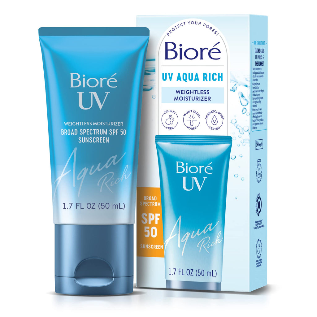 Bioré UV Aqua Rich SPF 50 PA++++ Japanese Daily Moisturizer Sunscreen for Face, For Sensitive Skin, Oil Free, Hyaluronic Acid, Vegan, Oxybenzone & Octinoxate Free, Dermatologist Tested, 1.7 Oz SPF50 1.7 Fl Oz (Pack of 1)