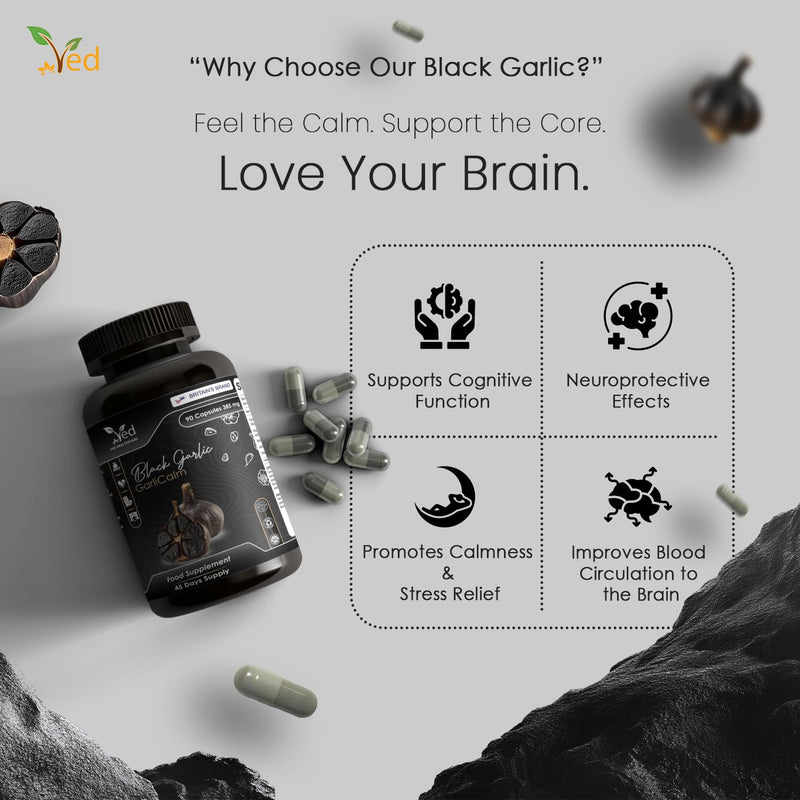 VED GarliCalm, 90 Capsules, Fermented & Odourless Black Garlic Supplement with Motherwort, Iodine & Vitamin E, Non-GMO, Halal, 2 Capsules per Day.