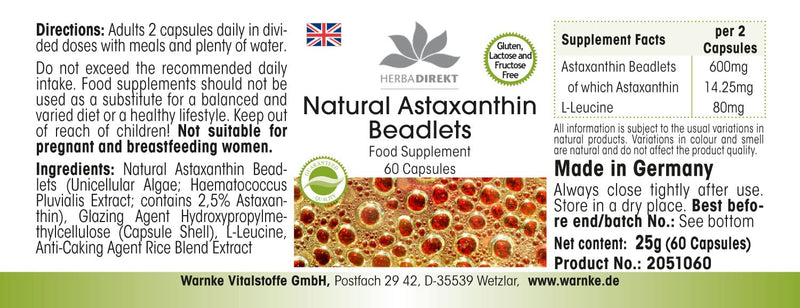 [Australia] - Astaxanthin Beadlets - with 14.25 mg Astaxanthin per daily dose - 60 capsules - made from natural Haematococcus Pluvialis extract - high dosage | HERBADIREKT - German pharmacy quality 