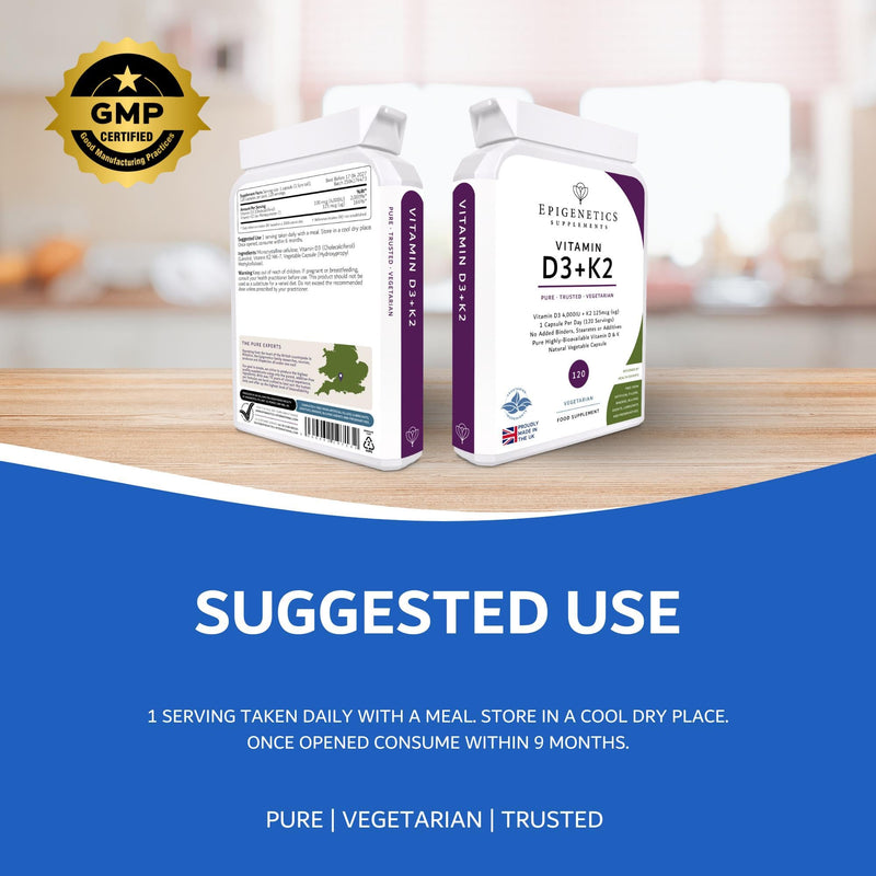 Vitamin D3 K2 Capsules | Additive-Free 4,000 IU Vitamin D & 125mcg VIT K MK7 | Long 4 Months Supply | 120 Vegetarian Friendly & Made in the UK by Epigenetics Supplements