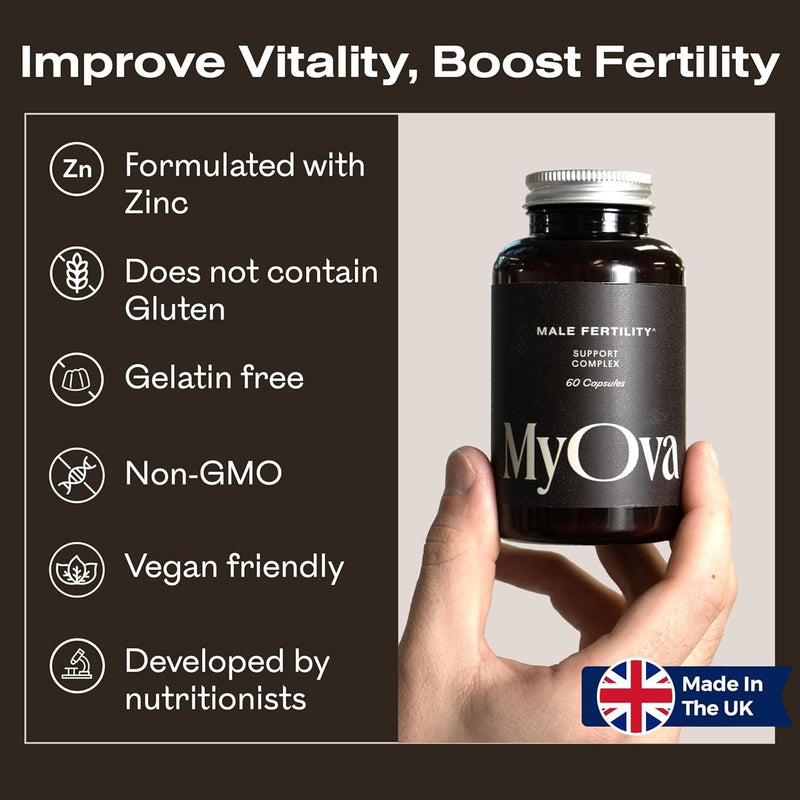 MyOva Male Fertility Supplements - Enhances Sperm Quality, Count & Hormonal Balance - Supports Conception for Men - Includes Zinc, Selenium, Vitamins C, D, E - 60 Capsules 1 count (Pack of 60)
