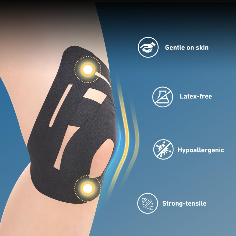 [Australia] - PreCut Kinesiology Tape for Knees, 12PCS Upgraded Waterproof KTQUICK Knee Tape for Knee Pain Relief Pre Cut, Original Cotton Athletic Knee Tape, Waterproof&Hypoallergenic Latex-Free for Sports (Black) Black 