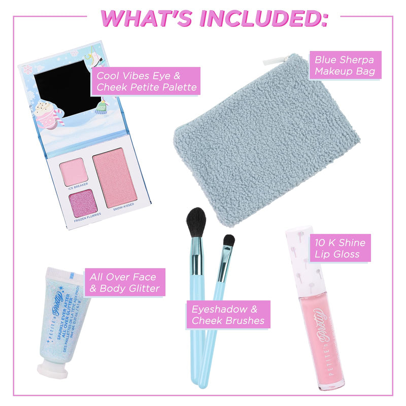 [Australia] - Petite 'n Pretty Sparkle Storm Makeup Gift Set for Kids, Tweens and Teens - Cool Vibes Eye & Cheek Palette, Brushes, 10K Shine Lip Gloss, Sparkly Ever After All Over Glitter in Blue Sherpa Bag 
