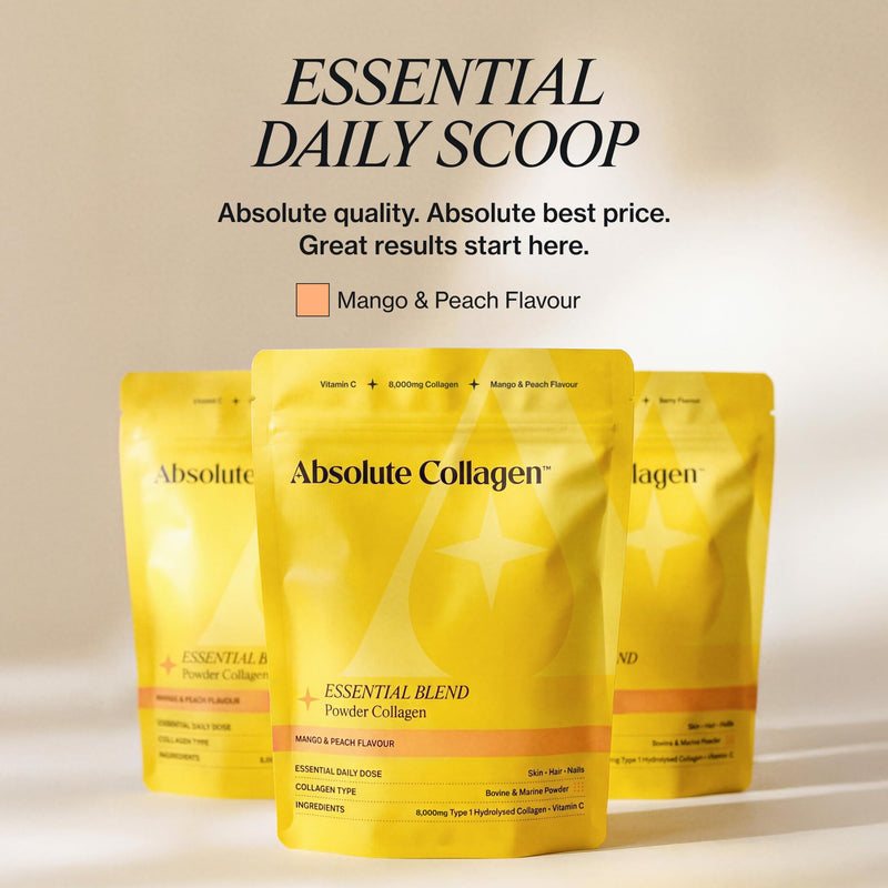 Absolute Collagen Essential Blend Halal Powder Collagen | Mango & Peach Flavour | 8000mg Collagen (5000mg Bovine & 3000mg Marine) | 60mg Vitamin C | Supports Hair, Nail & Skin Health | 28 Servings 4 Week Supply