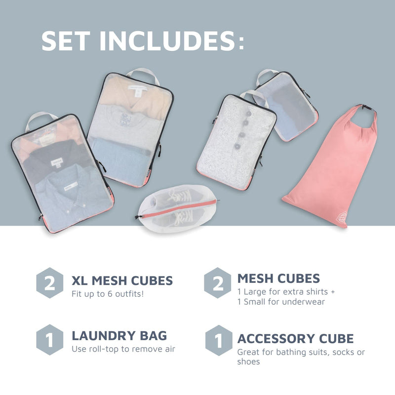 TRIPPED Travel Gear Large Compression Packing Cubes with Mesh 6-Piece Set | See-Through Mesh Organizers Maximize Space While Keeping Clothes and Travel Gear Organized and Easy to Find Dusty Rose