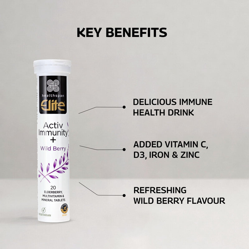 Healthspan Elite Activ Immunity | 40 Effervescent Tablets | All Blacks Official Partner | Immune Health | Vitamins C, B & D3 | Iron & Zinc | Informed Sport Accredited | Berry Flavour | Vegetarian