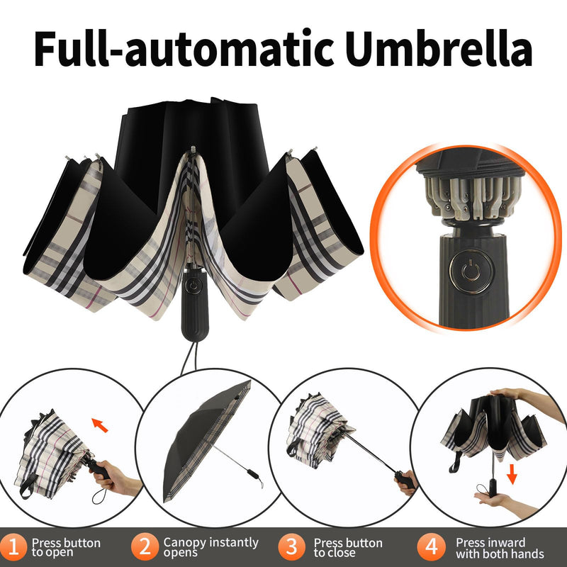 ZDSSM Umbrella Travel Large Windproof Inverted Umbrellas for Rain Portable Automatic Small Compact Reverse Folding Umbrellas for Women Men (Yellow Plaid & Wine)