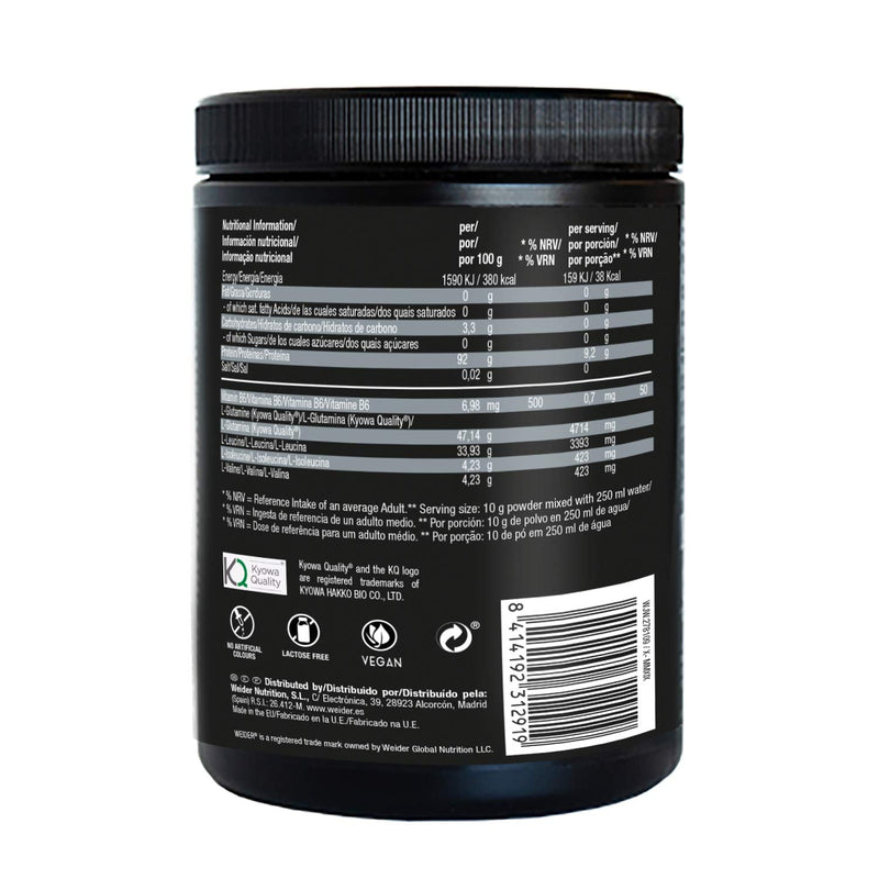 Premium BCAA 8:1:1+L-Glutamine (500g) Blue Raspberry Flavour, Recovery Combination of Amino Acids with Kyowa Quality® L-Glutamine, Vitamin B6, Increases and Protects Muscle Mass, Zero Sugar, Vegan
