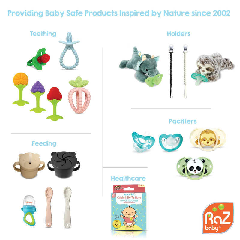 [Australia] - RaZbaby Baby Solids/Frozen Fruit Feeder Pacifier, Infant Teether Toy 6M+, BPA-Free Silicone Pouch & Nipple, Safely Introduce Solids, Teething Relief, Dishwasher Safe, 2-Pack – Orange/Blue + Green/Blue Blue/ Orange 