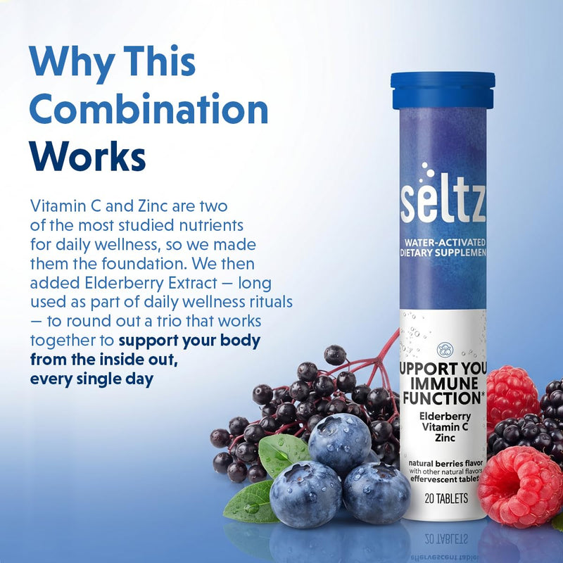 Seltz Immune Support Drink Tablets, Effervescent Elderberry with Zinc | Immune Defense, Vitamin C, Antioxidants, Drop Fizz and Drink, Refreshing and Supports Hydration, 20 Tablets, 1 Pack 20 Tablets (pack of 1)