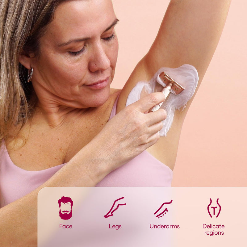 Rose Gold Double-Edge Safety Razor, Single-Blade Razors with 5 Stainless Steel Blades, Reusable Metal Razor for Men and Women 1 Count (Pack of 1) Rose Gold Razor