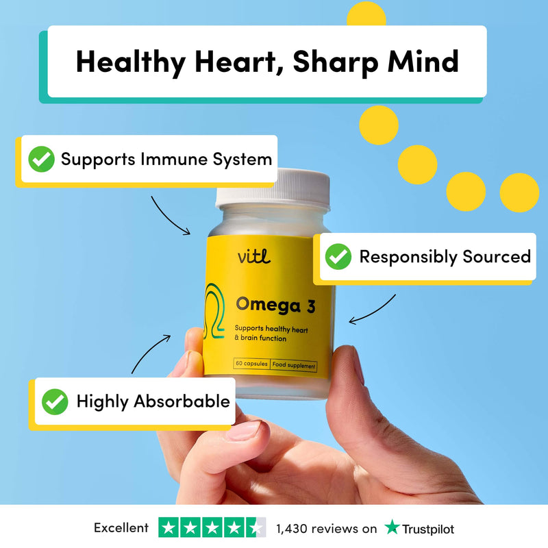 Vitl Omega 3 Fish Oil Supplement - 60 Softgel Capsules - Support Heart and Brain Health - 500mg Fish Oil, 250mg DHA & 50mg EPA - Highly Absorbable - 1 Month Supply