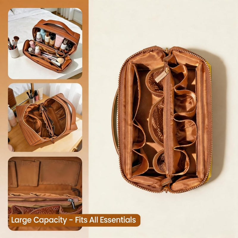 Travel Makeup Bag for Women - Large Capacity Waterproof Cosmetic Organizer with Fold Down & Pull Open Design, Toiletry Bag (Brown)