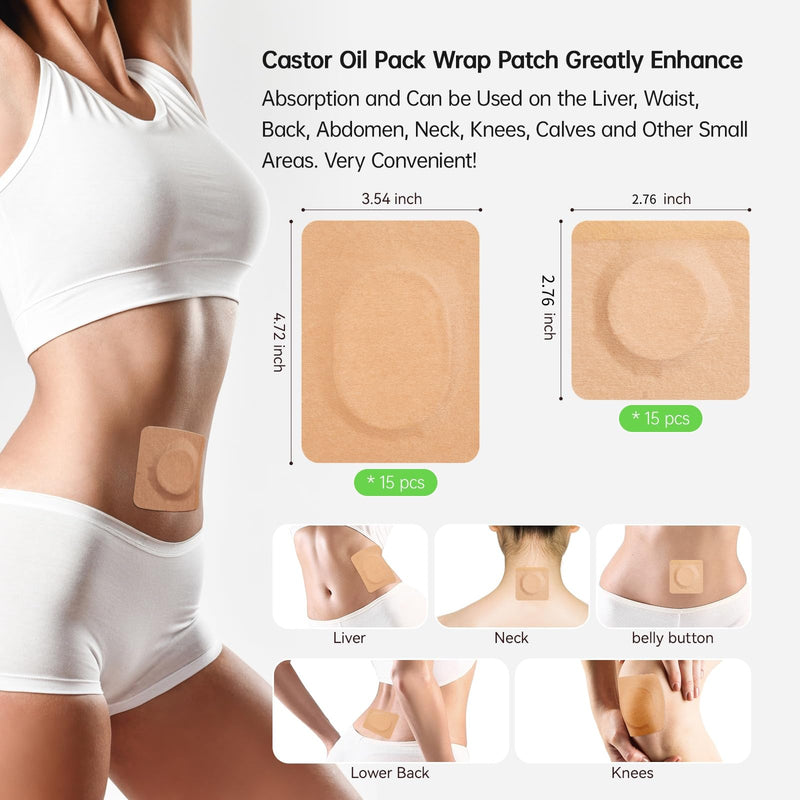[Australia] - Castor Oil Patches 30 pcs, Castor Oil Pack Wrap for Stomach, Belly Button, Liver, Neck and Waist Ect, With 8oz Organic Cold Pressed Unrefined Castor Oil, Ideal As a Daily Care Gifts 