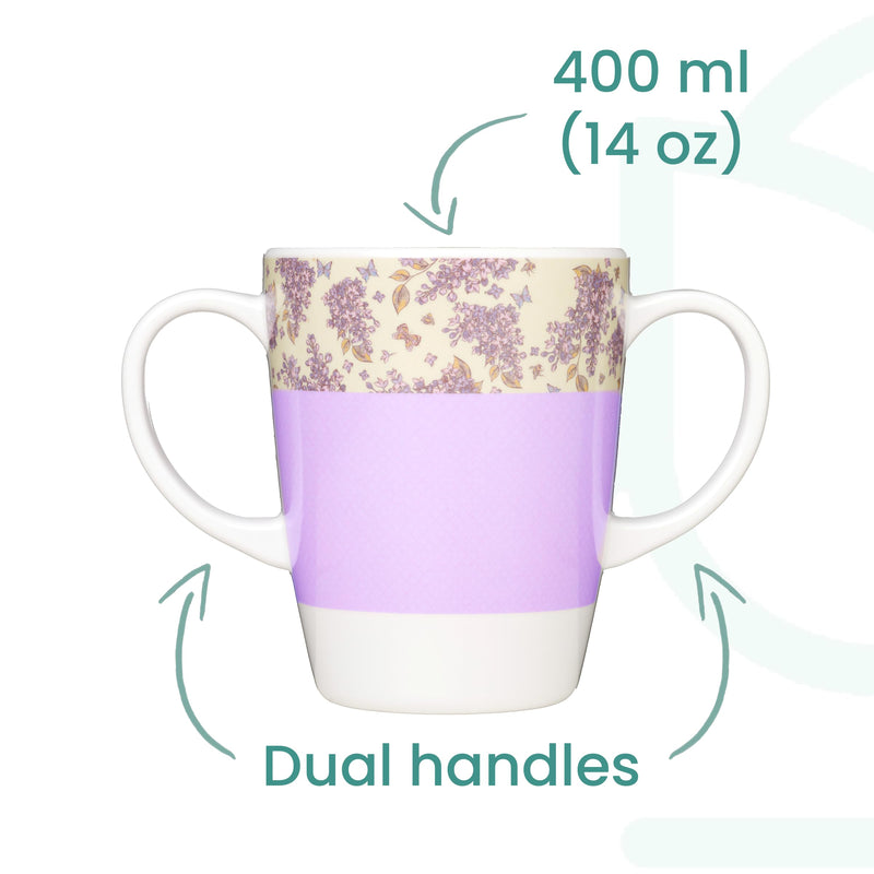 Two Handled Melamine Mug – Lightweight 126g, 400ml/14oz Capacity – Daily Living Mobility Aid for Elderly, Dementia, Tremors, Arthritis, & Weak Grip (Lilac) Lilac