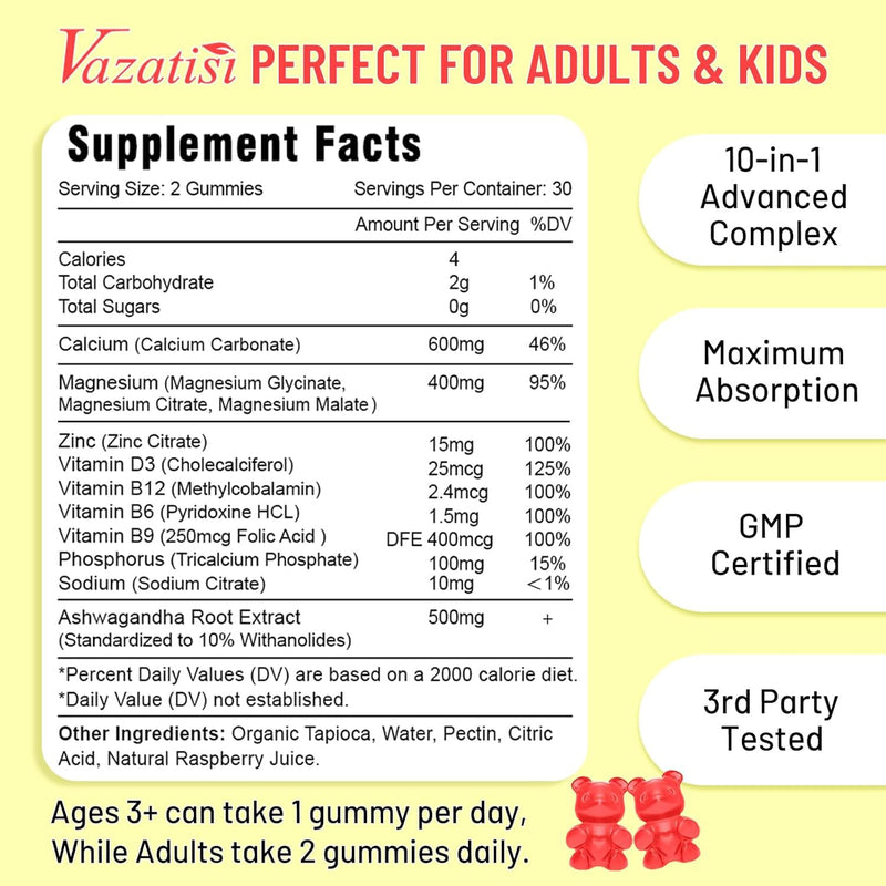 2 Pack Calcium Gummies with Magnesium, Zinc, Vitamin D3 & B12, Calcium Supplements for Women Men, Support Bone, Muscle and Immunity, 120 Vegan Raspberry Flavor Gummies 60 Count (Pack of 2)