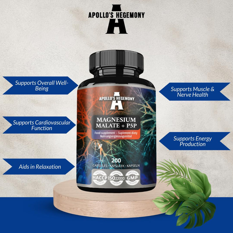 Magnesium Malate 1400 mg per Portion + Vitamin B6 (P-5-P) - 200 Vegan Capsules - 3 Month Supply - Magnesium Malate + Pyridoxal-5-Phosphate - Support Muscle and Bone Health - by Apollo's Hegemony
