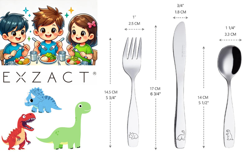 [Australia] - Exzact Kids Flatware 6 Pieces Stainless Steel Children Silverware 2 x Forks, 2 x Knives, 2 x Spoons,Toddler Utensils, Dishwasher Safe, 24 Months+ (Dinosaurs Engraved) 6 Piece Set Dinosaurs x 6 