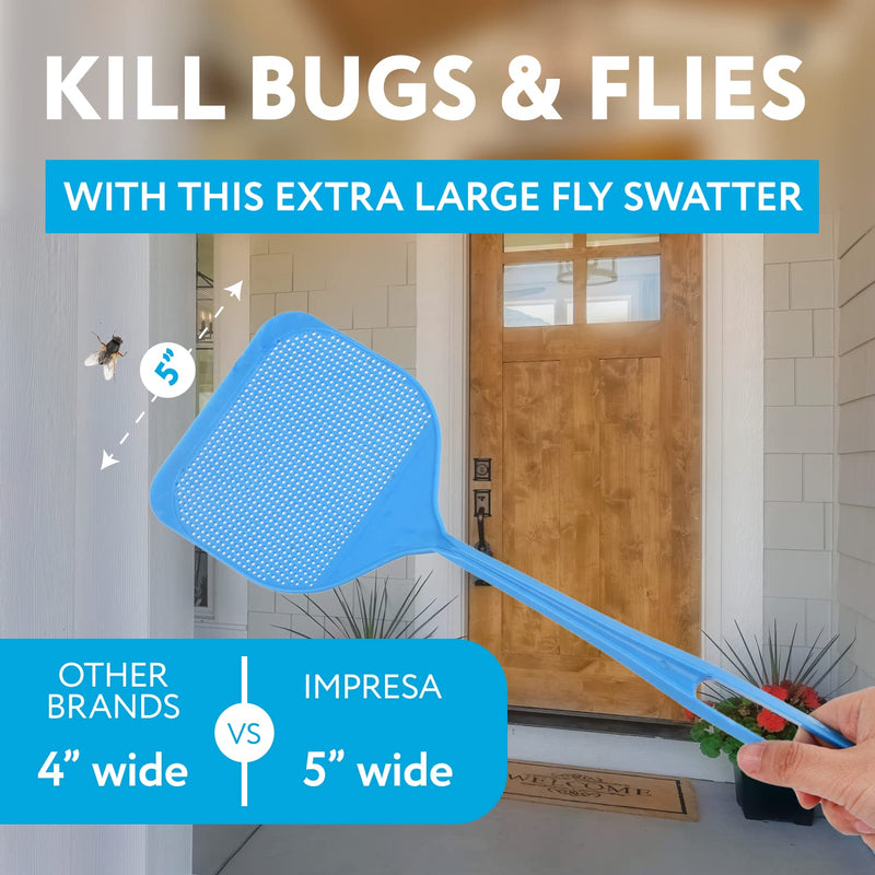 [Australia] - IMPRESA [4 Pack] Extra Large Spiky Fly Swatter for Indoors & Outdoors - Blue & Grey Plastic - Spiked Fly Swatters Multi Pack for Easy Bug Disposal - Bulk Pack - 5'' Smashing Surface 