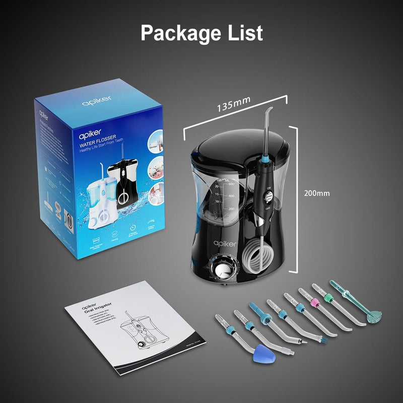 [Australia] - Apiker electric oral irrigator for dental cleaning between teeth, professional water flosser with stepless water pressure adjustment, 600 ml water tank, 8 different functional nozzles - black, elegant black 