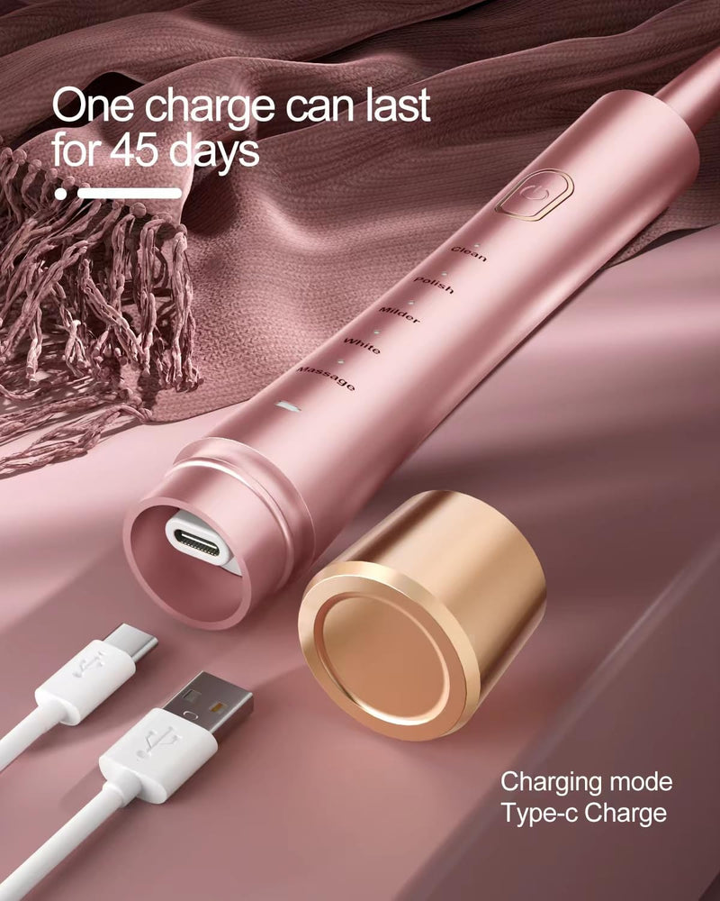 [Australia] - Sonic Electric Toothbrush for Adults, USB Rechargeable Sonic Toothbrush with 8 Brush Heads, Smart Timer, 5 Modes, 2-hour Fast Charge Last 30 Days, Pink 