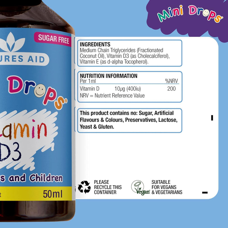Natures Aid Vitamin D3 Drops, Bone Health, Immune Health, Infants and Children, Sugar Free, 50 ml (Pack of 6)
