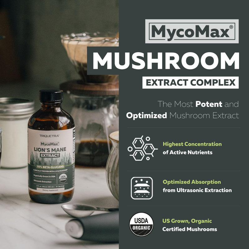 [Australia] - MycoMax Lions Mane Extract - 70% Beta Glucans, Max Potency Organic Lions Mane Supplement, US Grown + Ultrasonic Extraction - 500 mg per serving - Mental Clarity, Focus and Memory - 8 oz. Lions Mane Extract (Liquid) 8 Fl Oz (Pack of 1) 