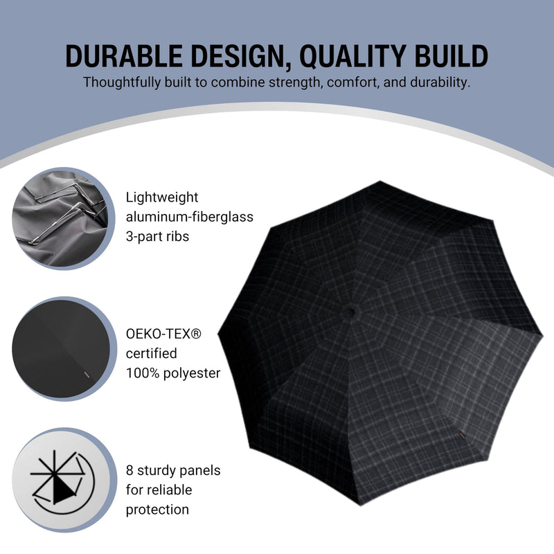 Knirps T.260 Medium Automatic Open Close Rain Umbrella with Curved Handle and Carrying Case - Compact Windproof Travel Umbrellas for Adults, 97cm Diamteter Men's Check