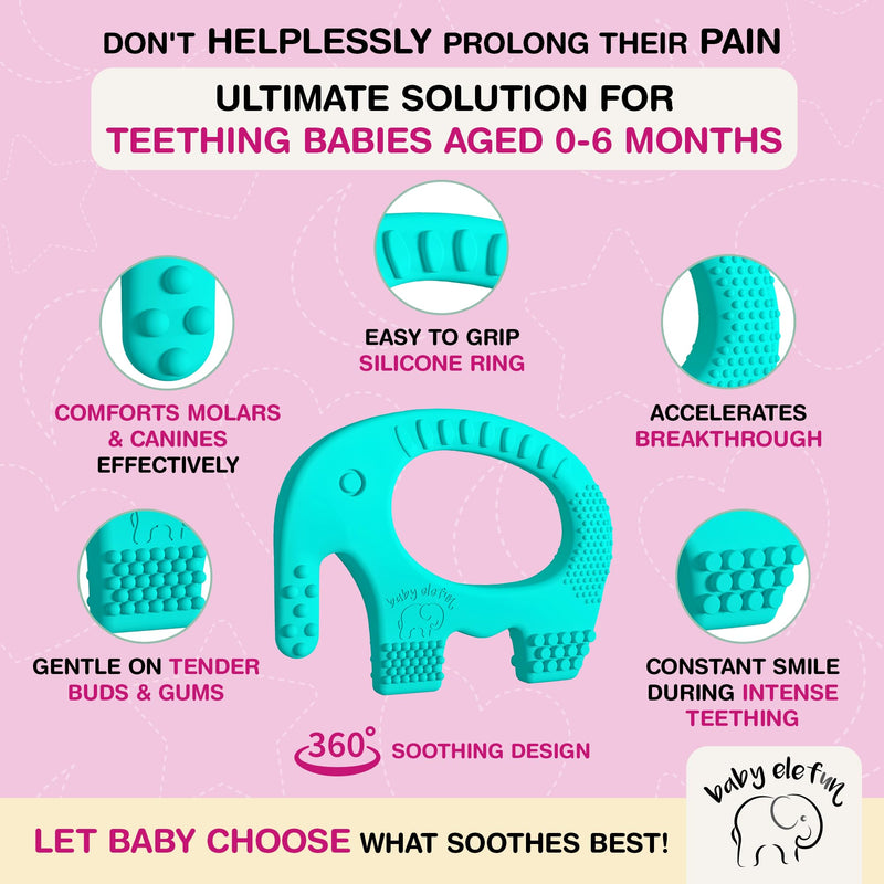 [Australia] - Teething Toys for Babies Age 0 to 12 Months - Baby Elefun 5X Pain Relief Smart Teether - Zero Developmental Delay Silicone Baby Teething Toy Ring - Cute Infant Shower Gift Chew Toy for Babies 0-6 Мonths 0-6 Turquoise 