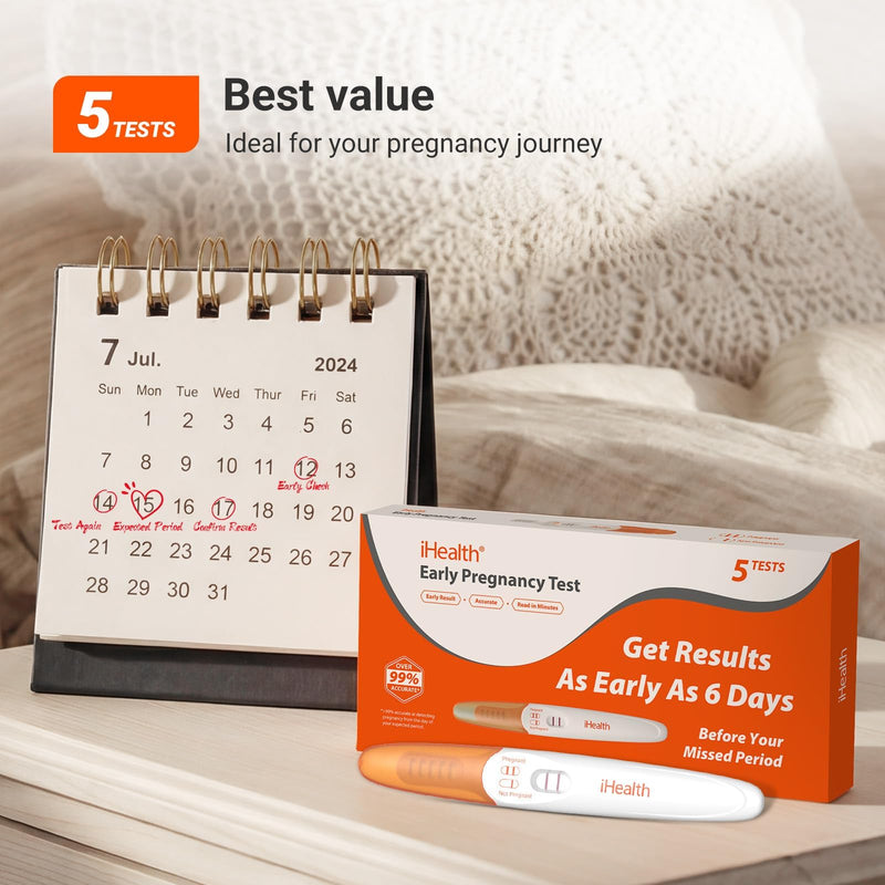 iHealth At-Home Test Bundle, Pregnancy Test 5-Pack Value Kit (10mIU/mL Early Detection) + 4-in-1 Flu A/B, COVID-19 & RSV Kit(4 Tests), FDA Authorized OTC Respiratory Test