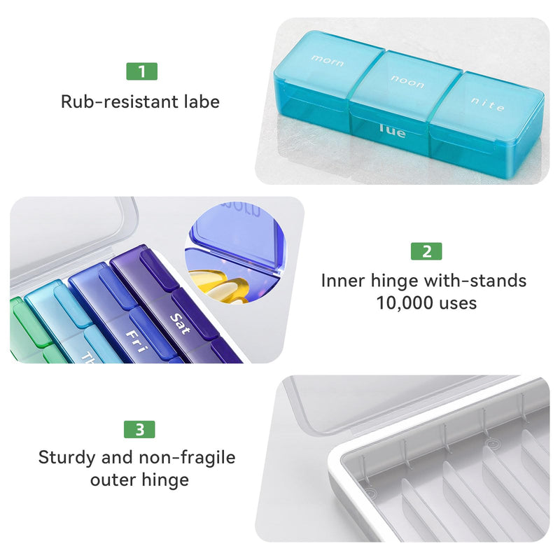 Large Weekly Pill Organizer, 7 Day Pill Box with AM Noon PM Compartments | Removable BPA-free pill case for vitamins, supplements, medicine, and travel use.
