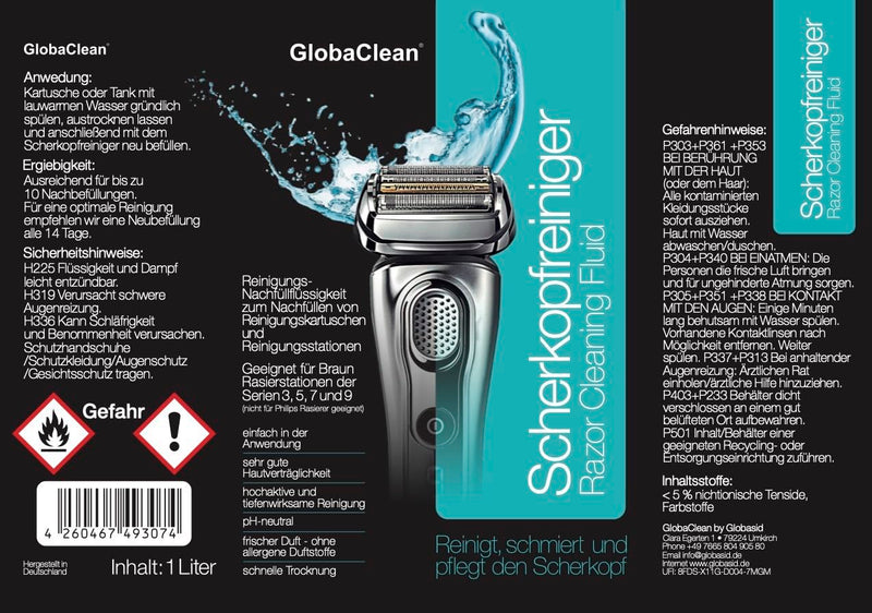 [Australia] - GlobaClean shaving head cleaner refill liquid - compatible with Braun Clean & Renew cleaning cartridges - Braun cleaning cartridges Series 9 - shaving head cleaner for Braun cleaning cartridge 2x 1L 1 l (pack of 2) 
