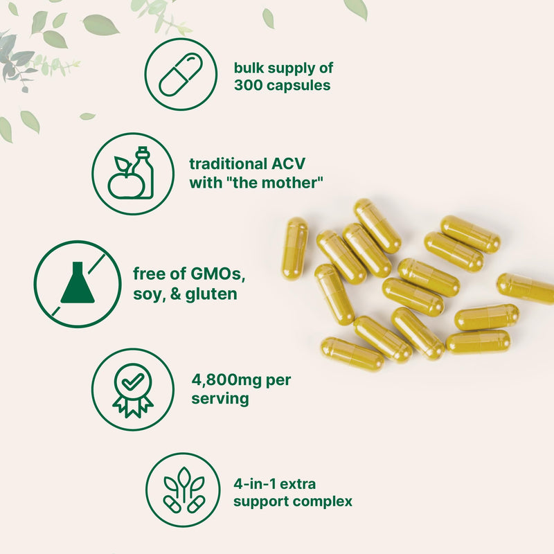 [Australia] - Apple Cider Vinegar with The Mother 4,800mg Per Serving, 300 Capsules | 4-in-1 ACV Complex | Ceylon Cinnamon, Cayenne Pepper, & Berberine | Immune, Digestion & Appetite Support | Non-GMO, Gluten Free 