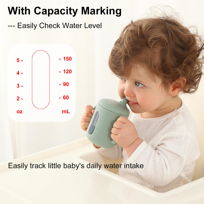 [Australia] - Seposeve 2 Pack Silicone Sippy Cups, Leak-Proof Baby Straw Cup for 6-12 Months, Spill Proof Toddler Cup with Straw 1-3 Years, with Capacity Marking, Non-slip Handle, Flow Control, 6 oz, Green Blue 