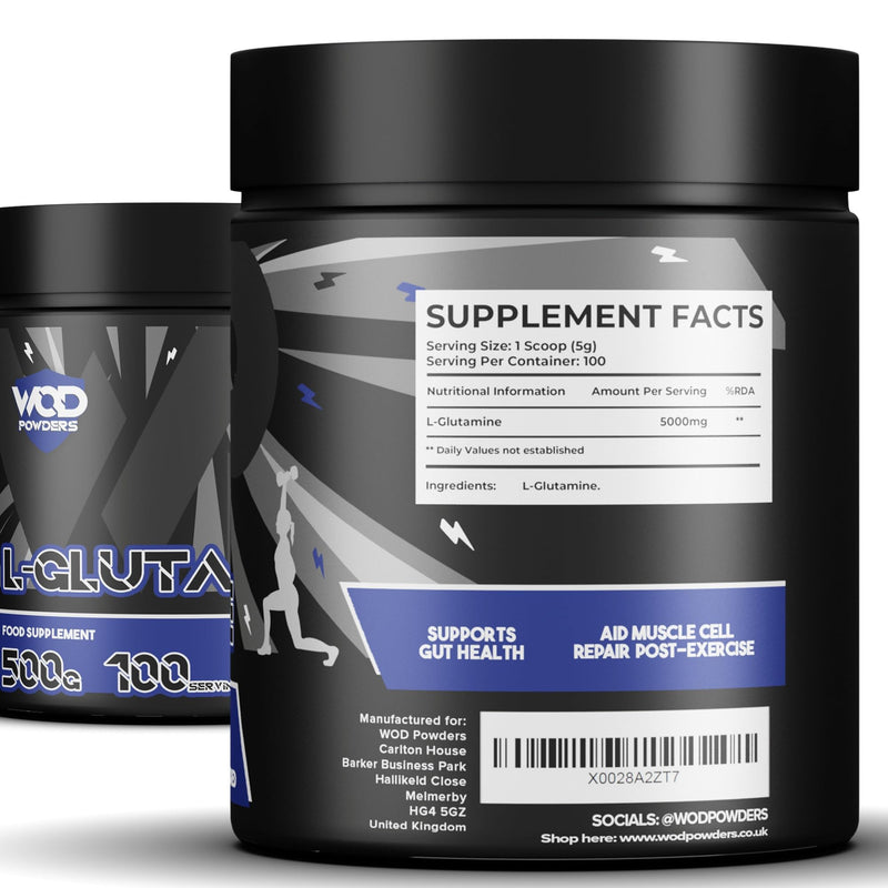 Glutamine Powder - 500g | Amino Acid, Improve Recovery, Boosts Immune System | Unflavoured 100% Micronized Glutamine Powder | 100 Servings in Tub with Scoop by WOD Powders