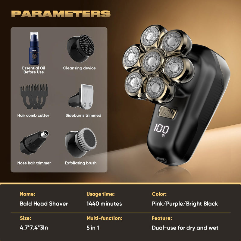 [Australia] - Head Shavers for Bald Men, Electric Razor with 7D Magnetic Shaver Heads, Wet Dry Waterproof Bald Head Trimmer Kit for Women & Men, Nose Ear Hair Trimmer, USB Rechargeable Clippers, Bright Black 