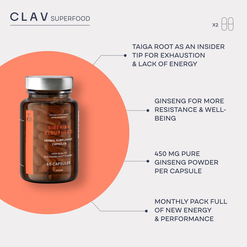 [Australia] - CLAV¬Æ Siberian Ginseng - 900mg Eleuthero Root Powder - Energy Supplement - Reduction of Tiredness & Fatigue - 60 Ginseng Capsules - Made in Germany 