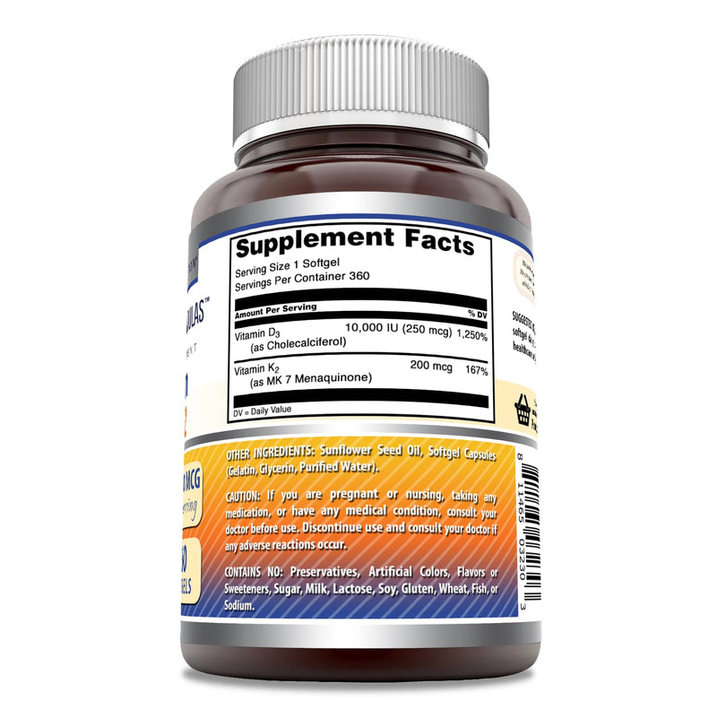 Amazing Formulas Vitamin D3 10000 IU with Vitamin K2 200 Mcg | D3 + K2 Complex Supplement | Non-GMO | Gluten-Free | Made in USA (1 Pack, 360 Count) 1 Count (Pack of 1)