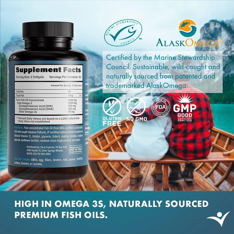Omega-3 Supreme 1400 mg Wild Alaskan Fish Oil | Enteric Coated, Burpless | MSC Certified High EPA DHA, Improved Absorption & Heavy Metal Tested (3 Mo Supply,180 Softgels) 180 Count (Pack of 1)