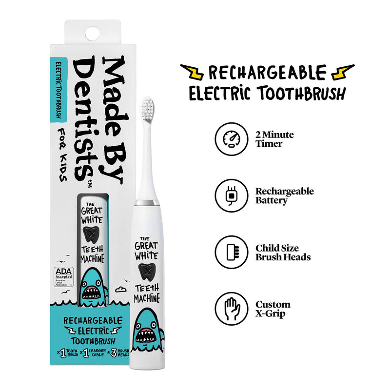 [Australia] - Kids Electric Toothbrush - Rechargeable Vibrating Toothbrush with Timer, Includes 6 Replacement Heads, Gently Cleans Little Teeth, for Girls and Boys, Kids & Toddlers Age 2+, Shark 