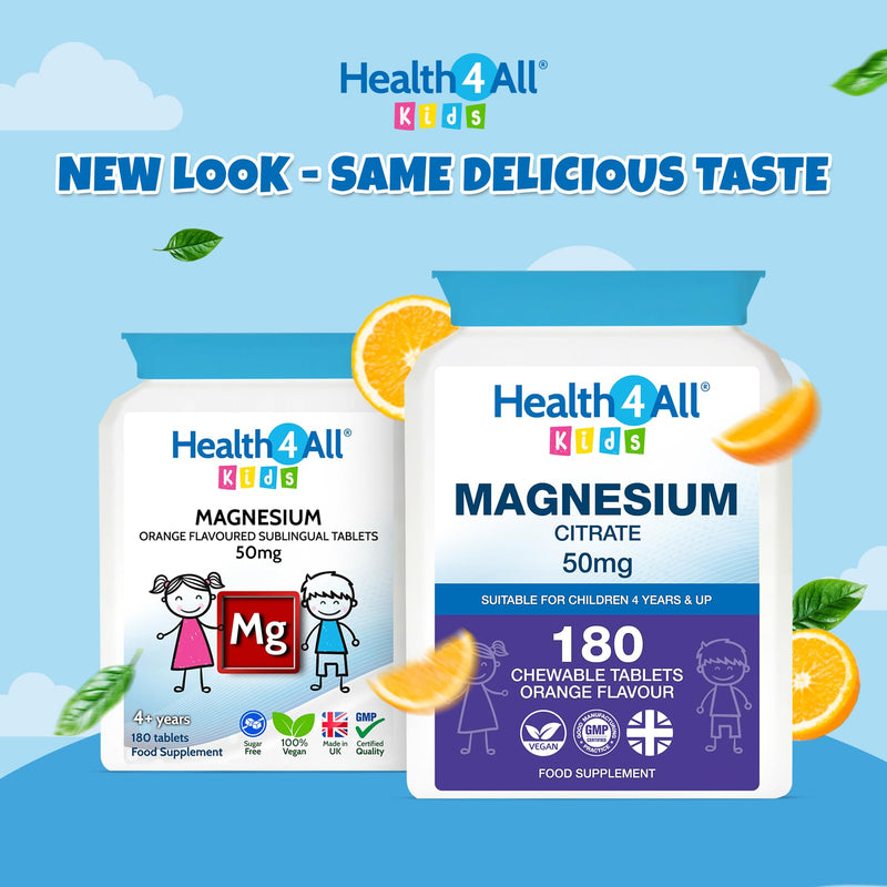 Health4All Kids Magnesium 180 Chewable Tablets for Anxiety, Sleep, Ticks. Tasty Orange Chewable Magnesium Supplement for Children 4+, Vegan, Sugar-Free | Made in UK | Alternative to Glycinate Gummies 180 count (Pack of 1)