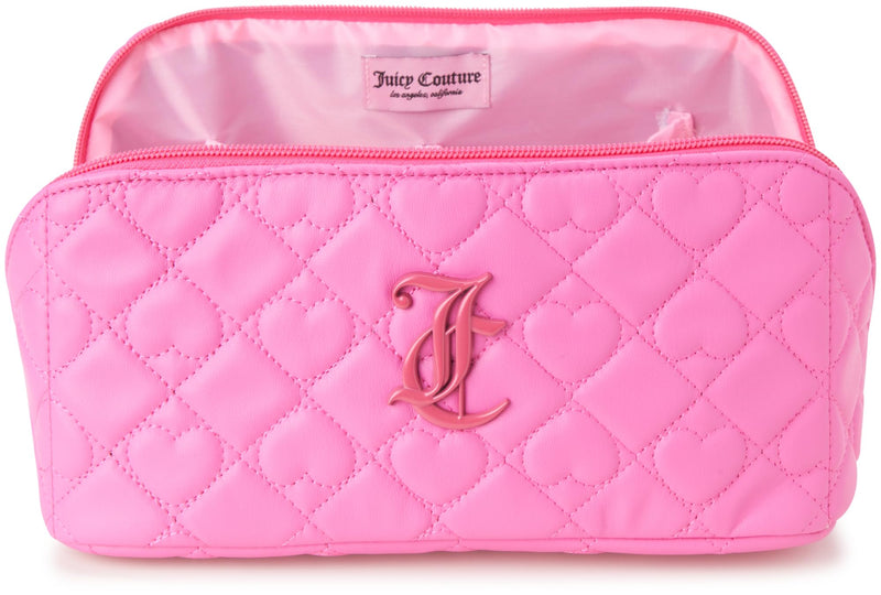 Juicy Couture Pink Makeup Bag Cosmetics Organizer Travel Essentials Cross Zip Faux Leather Quilted Heart