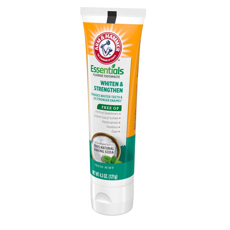 [Australia] - ARM & HAMMER Essentials Whiten & Strengthen Fluoride Toothpaste-4 Pack of 4.3oz Tubes, Fresh Mint- 100% Natural Baking Soda- Fluoride Toothpaste 