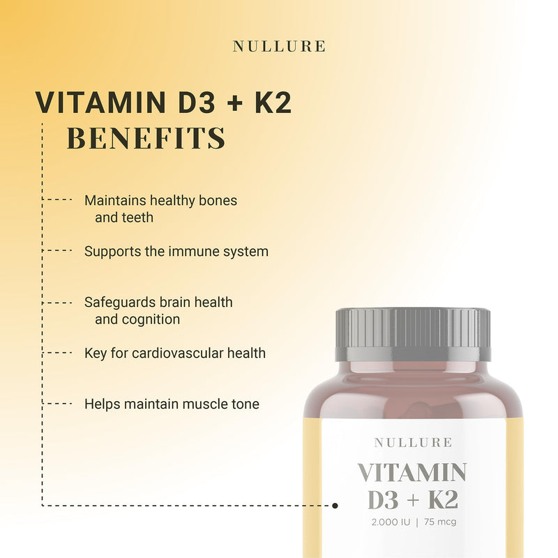Nullure Vitamin D3 K2 (MK7) Natural | 2000 IU | Daily Balanced Formulation for Easy Assimilation I Strengthens Immune System · Cardiovascular System · Bones · Teeth · Muscles |180 Capsules (6 Months)